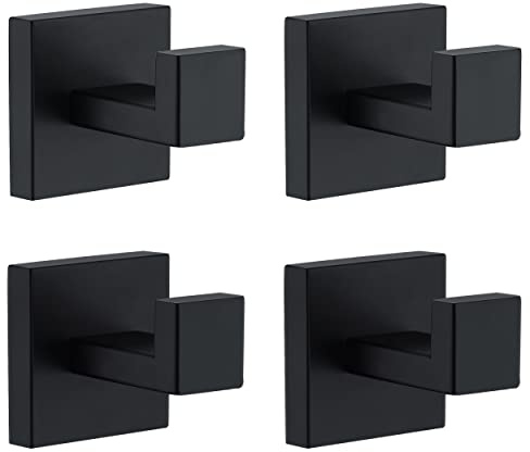 Towel Hooks for Bathrooms, Matte Black Towel Hook for Kitchen Bathroom, SUS304 Stainless Steel Coat Hook, Square Heavy Duty Holder Robe Hooks for Hanging Towels, Coats, sponges, Wall Mount, 4 Pack