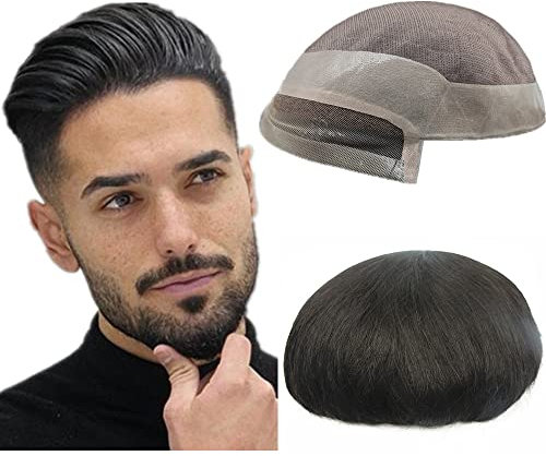 Echthaar-Toupet für Männer,NLW Herren Toupet Spitze mit Mono um Haarersatzsystem natürliches Echthaarteil für Männer Haar Echthaarperücken 10 * 7 MONO (#1B 10 * 7)