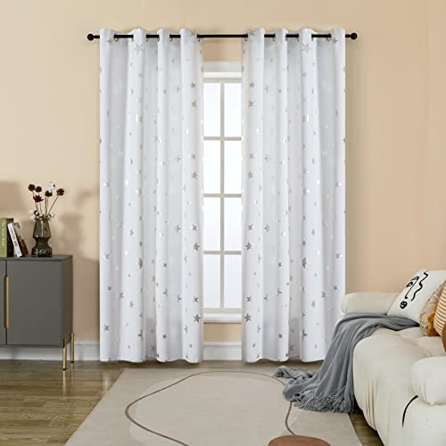 GIRASOLE HOME® Coppia Tende Semi Oscuranti Morbide Fantasia Stelle Argentate Tenda Morbida per Interni con Occhielli 2 Pannelli (Bianco, 140x290cm)
