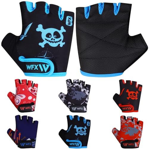 WFX Kids Cycling Gloves Short Half Finger Fingerless Gloves Padded Fastened Children Kid BMX Bike Safety Hand Protect Cycling Climbing Weight Lifting Workout Bicycle Gloves (Blue Skull, S)