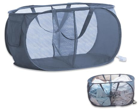 Zamety Cesto para la colada, cesta para la colada, azul con 2 compartimentos, cesta plegable para la colada, cesta para la ropa pequeña, plegable, bolsa para la colada, de malla con asas reforzadas,