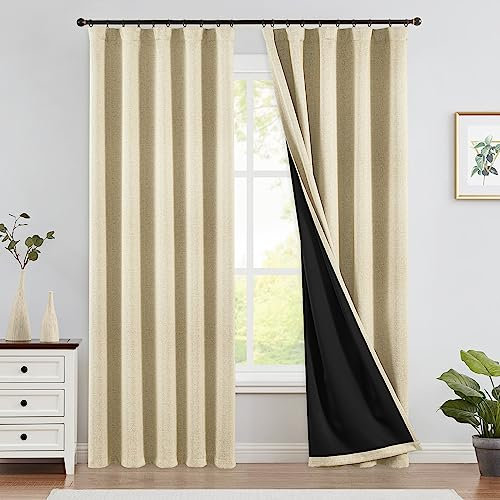 TOPICK 100% Verdunklungsvorhänge Gardinen mit Stangedurchzug Thermovorhang Blickdicht, H245xB140 cm Fenstergardinen Gardinen Wohnzimmer Schlafzimmer modern Leinenoptik Landhausstil Beige 2 Stücke
