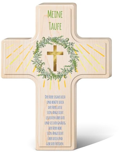 GRAVURZEILE Personalisiertes Kinderkreuz zur Taufe Kommunion und Konfirmation - Kranz Design - Holzkreuz für Kinder personalisiert mit Text - Personalisierte Geschenke für Jungen und Mädchen - Kreuz