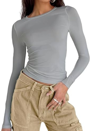OYIGELZ Women's Basic Long Sleeve Shirt Crop Top Y2K T-Shirt Slim Fit Casual Tee Tops Streetwear(Light Grey-a,XS)