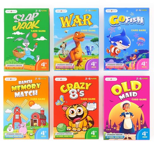 Upgraded Kids Card Games Pack, 6 Decks, Go Fish, Old Maid, Crazy Eights, Memory Match, Slap Jack, War, Playing Cards, Easter Basket Stuffers, Stocking Stuffers