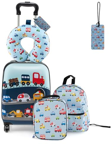 RELAX4LIFE Set di Valigietta per Bambini da 5 Pezzi con Valigia da 38 cm a Mano, Zaino da 33 cm, Cuscino per il Collo, Borsa Pranzo Isolata, Etichetta, Valigia con Ruote Rigide (BLU)