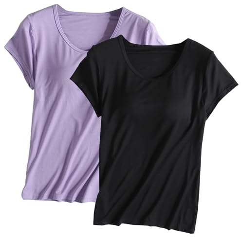 Built in Bra Tops for Women Padded Active Yoga T-Shirt Short Sleeve Plain Blouses Pajama Casual Workout Shirts 2 Pack