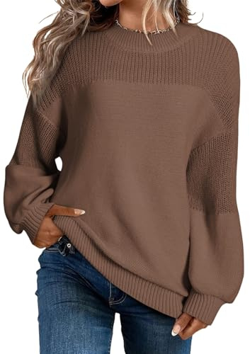 Dokotoo Womens Long Sleeve Knit Sweater Casual Solid Color Crew Neck Fall Sweaters for Women Trendy 2025 Outfits Chocolate Brown Fall Clothes Clothing Winter Oversized Pullover Top Jumper Medium