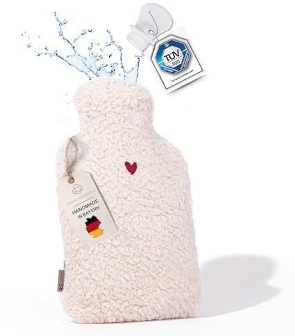 kontor28 - Bolsa de agua caliente con funda de 100% algodón orgánico súper suave, hecha a mano, fabricada en Alemania, a prueba de fugas, inodoro y analgésico para niños y adultos - 2,0 litros