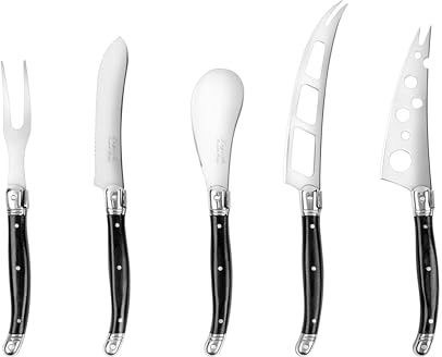 French Home Laguiole 5-Piece Artisan Cheese Knife Set – Versatile Cheese Knives Set with Three-Rivet Black Pakkawood Handles & Iconic Bee Emblem – Sophisticated Charcuterie Board Accessories