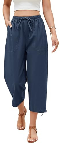 Niwicee Pantalones Mujer Verano Pantalon Lino de Algodón Casuales Pantalón 3/4 Pantalones con Cordón Bolsillos Flojo Playa Pantalones de Anchos Mujer Ligeros y Cómodos (Azul, XL)