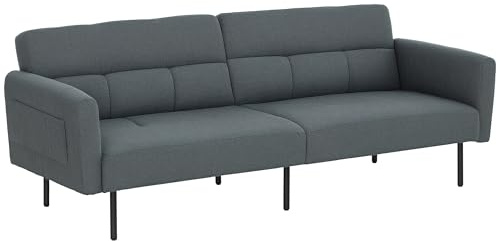 HOMCOM Divano Letto 3 Posti 2 in 1 Clic Clac Reclinabile con Braccioli, Divano 3 Posti Imbottito Trasformabile in Tessuto e Legno per Soggiorno e Salotto, 200x77x72 cm, Grigio