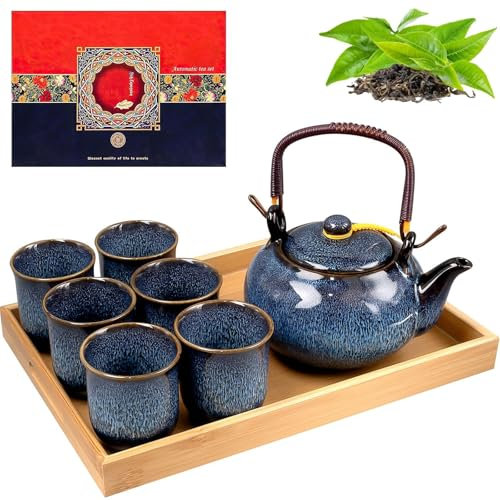 Juego de té de porcelana japonesa, tetera de cerámica azul de 650 ml con 6 tazas de té, caja de regalo, tetera china de esmalte alterado al horno para adultos, amantes del té, hombres y mujeres