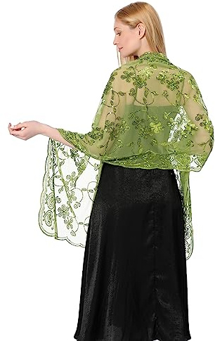 Makroyl Women's Sequin Shawls Wraps For Evening Dresses Female Sparkly Sheer Mesh Wedding Scarf Capes Shrugs For Bolero Evening Party (Green)