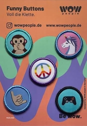 WOW people Funny Buttons – 5 Klettmotive zur individuellen Gestaltung von Schranktrolley, Rucksack & Bauchtasche – Personalisierbares Zubehör für Kinder - Verschiedene Motive (Motiv A02)