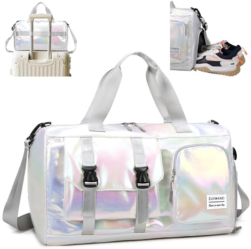 Tokeya sportväska för kvinnor resväska med skofack och våtfack, Beige, 17.7 x 8.3 x 10.2 inches, Sportig med glittrande och modern design | Vattentät simväska kvinnor, glitter gymväska, flickor lätt vikbar duffelväska, sport fitness träning resor