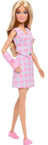 Barbie Muñeca Fashionistas n.243 con Pelo Rubio y escayola Rosa en el Brazo, con Top y Falda a Cuadros y Mocasines Rosas, JJN56