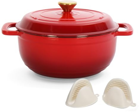 LEADZM Casserole en fonte - 26 cm - 4,7 l - Cocotte avec couvercle - En émail - Pour rôtir, cuisine, cuisson - Certifié FDA (rouge)