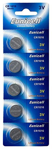 5 x CR1616 3V Lithium Knopfzelle 50 mAh ( 1 Blistercard a 5 Batterien ) EINWEG Markenware Eunicell