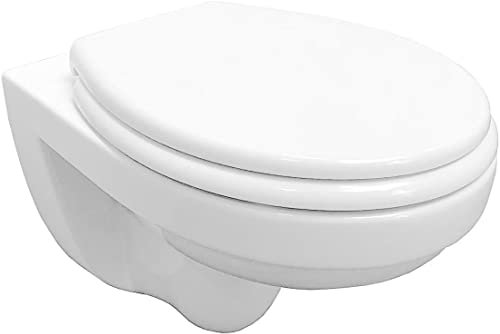 ADOB, spülrandlose wandhängende WC Keramik Toilette weiss inkl. WC Sitz mit Absenkautomatik zur Reinigung abnehmbar, inkl. Schallschutzmatte, Wand WC spülrandlos, 28013