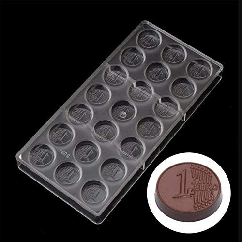 Molde de 21 agujeros con forma de moneda europea para fondant de chocolate, molde de policarbonato para hornear, dulces, pasteles, mousse, chocolate, moldes para hornear, regalo para el hoga