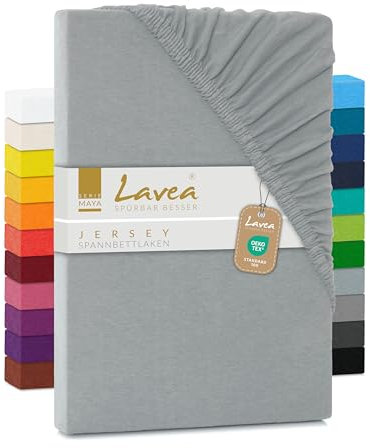 Lavea® Jersey Topper Spannbettlaken, Spannbetttuch, Serie Maya, 100% Baumwolle, hochwertige Verarbeitung, mit Gummizug und OekoTex100 180x200cm | 200x200cm, Silber