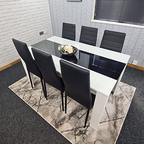 KOSY KOALA Dining Table and 4 Chairs White Black Wood 4 Leather Black Chairs Dining Room (Table + 6 black metal chairs, 140cm (L) x 80cm (W))
