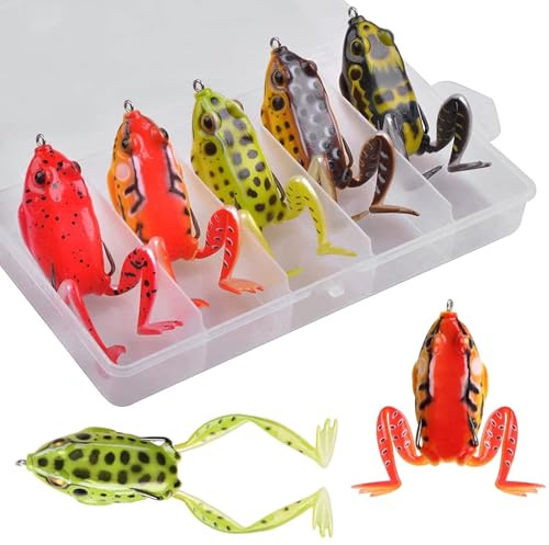 Frog Lures, 5pcs Topwater Frog Fishing Lures Artificial Soft Bass Baits Weedless Swimbaits Hollow Body with Double Hook Tackle Box for Bass Trout Pike