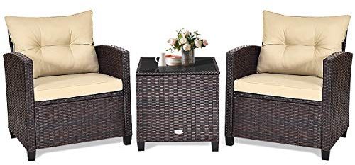 GOPLUS Salon de Jardin Extérieur en Résine, Ensemble Meuble de Jardin 3 PCS: Table Basse avec Plateau Verre et 2 Fauteuils avec Coussins, Idéal pour Terrasse, Patio, Piscine, Balcon