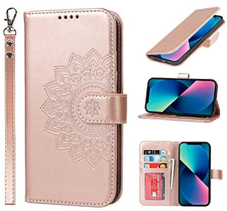 ELTEKER Handyhülle iPhone 13 Pro Max, Hülle für iPhone 13 Pro Max Klapphülle, [3 Kartenfächer] [Magnet Verschluss] Leder Eleganter Prägung schutzhülle Ledertasche Hülle für iPhone 13 Pro Max, Roségold