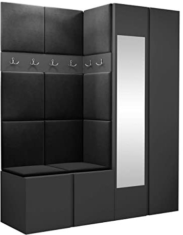 Mirjan24 Garderoben-Set Monati XII, Kleiderschrank mit Spiegel, Schuhschrank, 2X Kleiderhakenbrett, Gepolstertes Paneel/Wandpaneel, 6 Doppelhaken, Flurgarderobe, Wandgarderobe (Graphit, Manila 18)