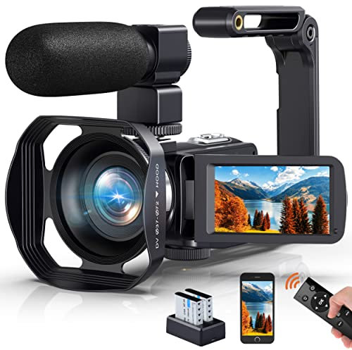Videokamera 4K Camcorder 60FPS WIFI Full HD 48MP Webcam IR Nachtsicht Vlogging Kamera für YouTube 18X Zoom 3,0 Drehbarer Touchscreen Video Camera mit 2 Batterien, Fernbedienung und Stabilisator