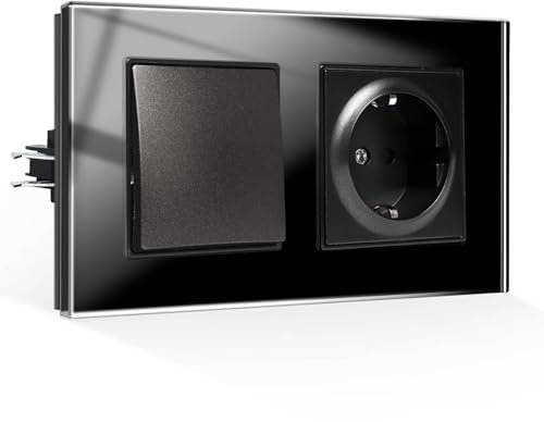 CNBINGO Glas Lichtschalter mit Schuko Steckdose Unterputz - Gehärteter Glasscheibe Steckdose mit Steckklemme - 1 Fach 1 Weg, Schwarz