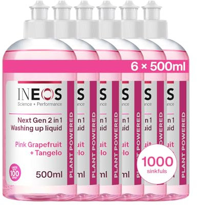 INEOS Next-Gen 2in1 Washing Up Liquid, 3L (500ml x 6), 1000 Sinkfuls, Dishwashing + Handwashing, Plant Powered, Pink Grapefruit + Tangelo, Packaging May Vary