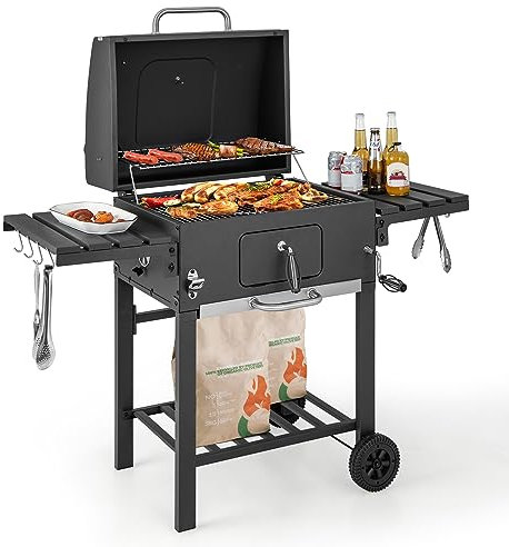 COSTWAY Holzkohlegrill mit Deckel, Grillwagen mit 2 klappbaren Beistelltischen, 8 Haken, 2 Rädern, Thermometer und Flaschenöffner, für Garten, Camping, Terrasse, Hinterhof