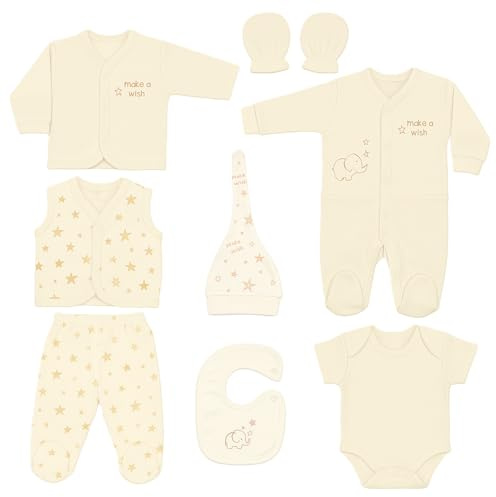Blue Eyes nyfödd baby presentset unisex | 8 delar första kläder & babyutrustning | 100 % naturlig OEKO‑TEX® bomull | spädbarn 0–4 månader gåva babyshower (Stjärna crème)