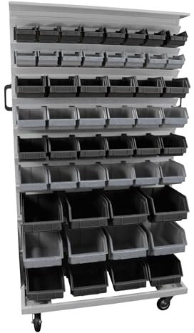 LEOMAR Scaffale da Garage Bilaterale con 104 Contenitori Impilabili, Mobile & Pronta all’uso, Sistema di Stoccaggio per Officine & Industrie, 67 × 94 × 156 cm, Nero e Grigio Cenere