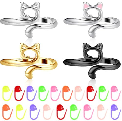 Tyqour 24 Stück Häkelringe zum Häkeln, Verstellbare Katze Strickschlaufe Häkelring, Metall Häkelring für Finger,Edelstahl Crochet Ring Häkel Ring für Frauen Mädchen Häkelgeschenke für Häkelliebhaber