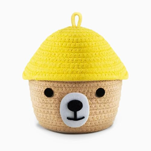 MK measuring Panier ours en corde de coton tissé à la main – rangement pour la maison, décoratif pour chambre enfant et salon, dédié pour jouets, clés et accessoires, couvercle jaune, 17x15x17 cm