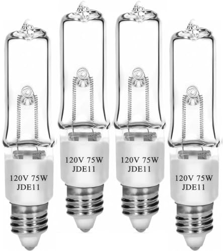 Lachesan JDE11 120V 75W T4 Mini Candelabra Base（Replacement E11 Led Bulb） 2700K Clear Dimmable JD E11 Halogen Light Bulbs for Chandeliers, Ceiling Fan, Table Lamps, Cabinet Lighting, 4 Pack