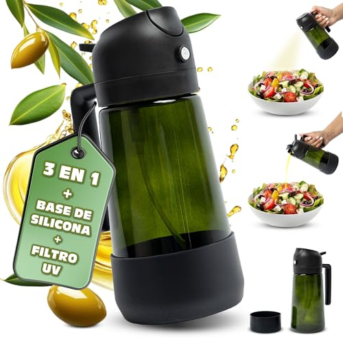 DUEXSO | 3 en 1 Pulverizador Aceite Spray con Protección UV | Aceitera Antigoteo de Vidrio | Aceitera Spray Pulverizador 470ml | Dispensador de Aceite para Cocinar | Aceitero Air Fryer (Negro)