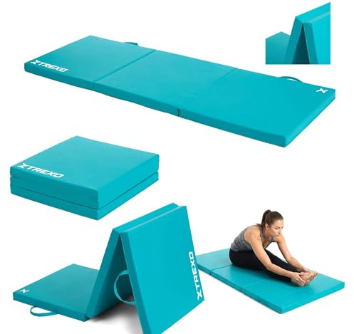 TREXO Materasso da ginnastica pieghevole, 180 x 60 x 5 cm, 3 pezzi, rivestimento in pelle ecologica resistente all'abrasione, schiuma PE flessibile, maniglia per il trasporto, facile da pulire