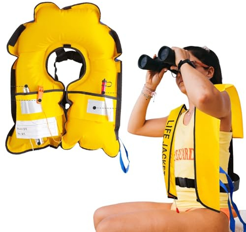 Swim Jacket - Swim Vest Inflatable Automatic Ergonomic 150N Adjustable Buckle Life Jacket Fastening Tape Reflective Buoyancy Aid with Whistle for Kids Adults, Blue, Car Life Jacket(Yellow)