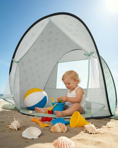 WEMOH Strandtält för bebisar, 2026, uppgradering, pop-up UPF 50+ UV-skydd, solskydd, baldakin med myggnät, bärbar utomhusskugga sommar nödvändigheter för spädbarn och småbarn