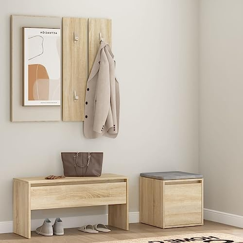Tonture Garderob-set Sonoma-ek trämaterial, 5 delar med hallbänk, spegel, garderobspaneler och förvaringslåda, perfekt för hall och entré