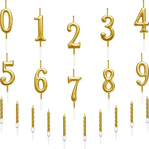 10 Pièces Bougies de Chiffre de Gâteau Décoration de Topper Gâteau de Paillettes Numéro 0-9 et 10 Pièces Bougies de Gâteau Spirale avec Supports pour Mariage Anniversaire, 20 Pièces au Total (Or)