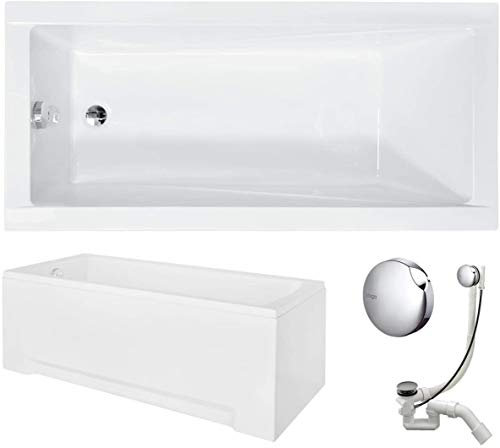 VBChome Badewanne 160x70 cm Acryl SET Schürze Siphon Wanne Acrylwanne Rechteck Weiß Design Modern Wannenfüßen Ablaufgarnitur Chrome