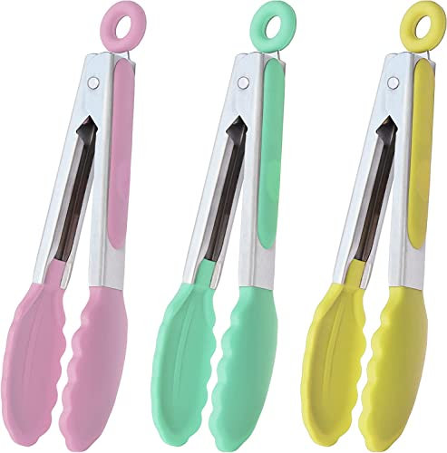 HINMAY Mini Silicone Tongs 7-Inch Cooking Tongs Small Serving Food Tongs, Set of 3 (Pink Mint Yellow)