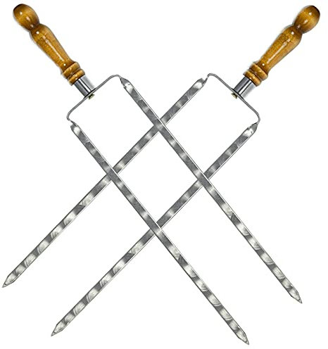 4BIG.Fun Spiedo Doppio da 40 cm x 2 spiedi per Barbecue con Manico in Legno Schaschlik in Acciaio Inox, Lunghezza Totale – 56 cm Spiedini per spiedini in Acciaio Inox