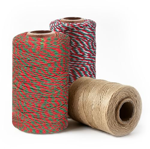 Merrimen Biodegradable Jute Christmas Wrapping Twine – 3 Rolls of Strong 3-Ply Natural Twine for Gift Wrapping, DIY Crafts, and Holiday Decorations – 500ft per Roll (Mixed)
